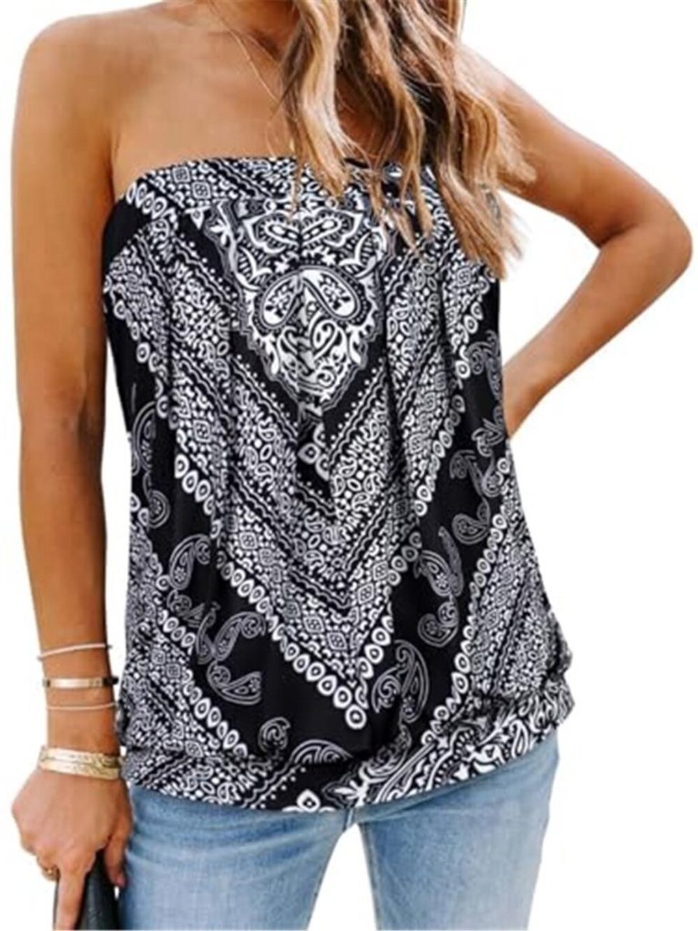Women's Black Paisley Strapless Tube Top Boho Bandeau Summer Blouse